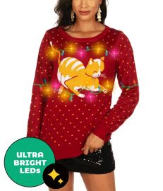 Cat-itude Light Up Ugly Christmas Sweater Women39s Christmas Outfits Tipsy Elves at Tipsy Elves